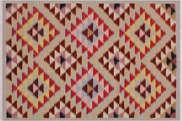 Flat Weave Kilim, Antique, Navaho, Vintage, Handmade, Modern Kilim Gray Red Hand-Woven Rectangle 100% Wool Area Rug 5 x 6